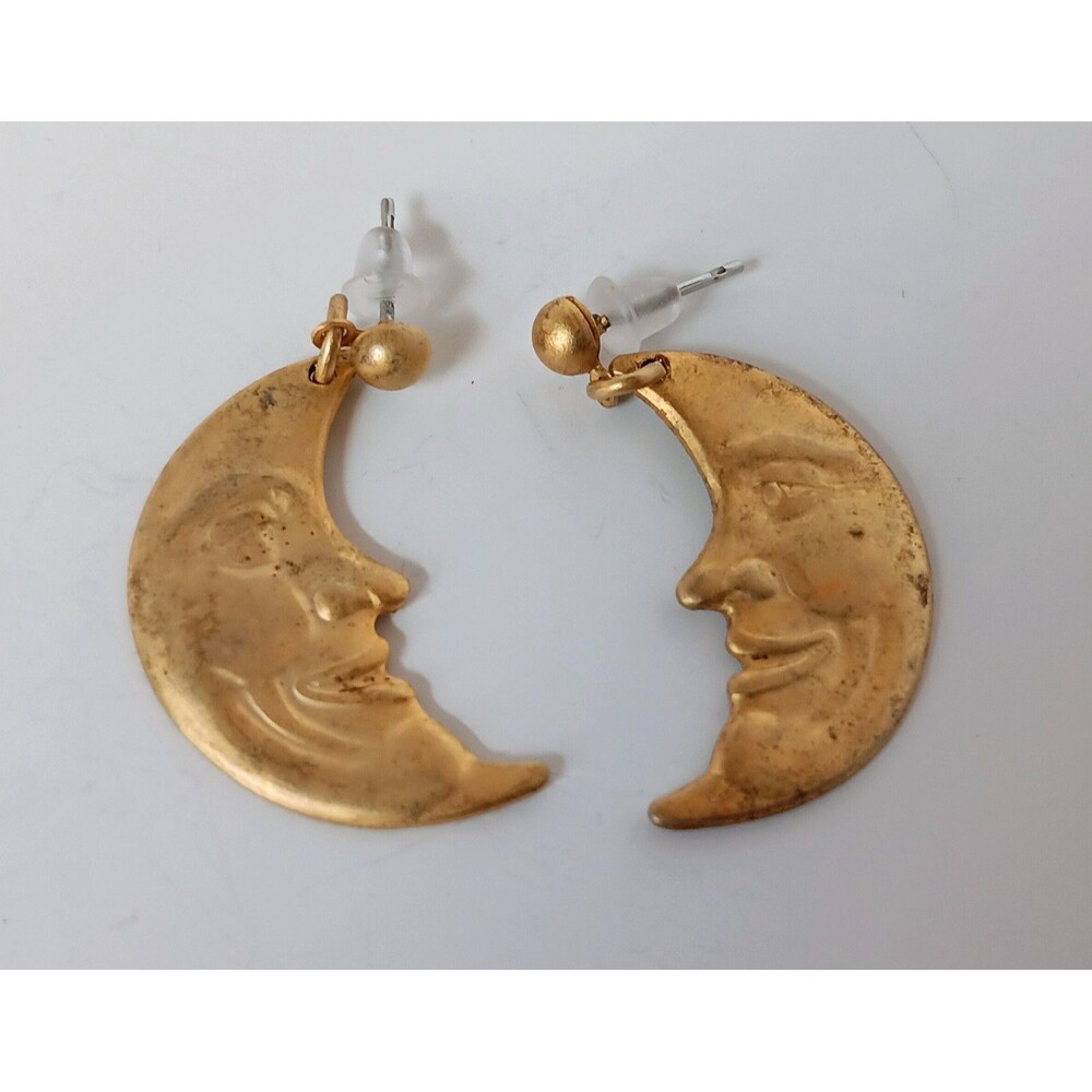Vintage 1980s Crescent "Man In The Moon" Dangle Earrings 1.25 in
